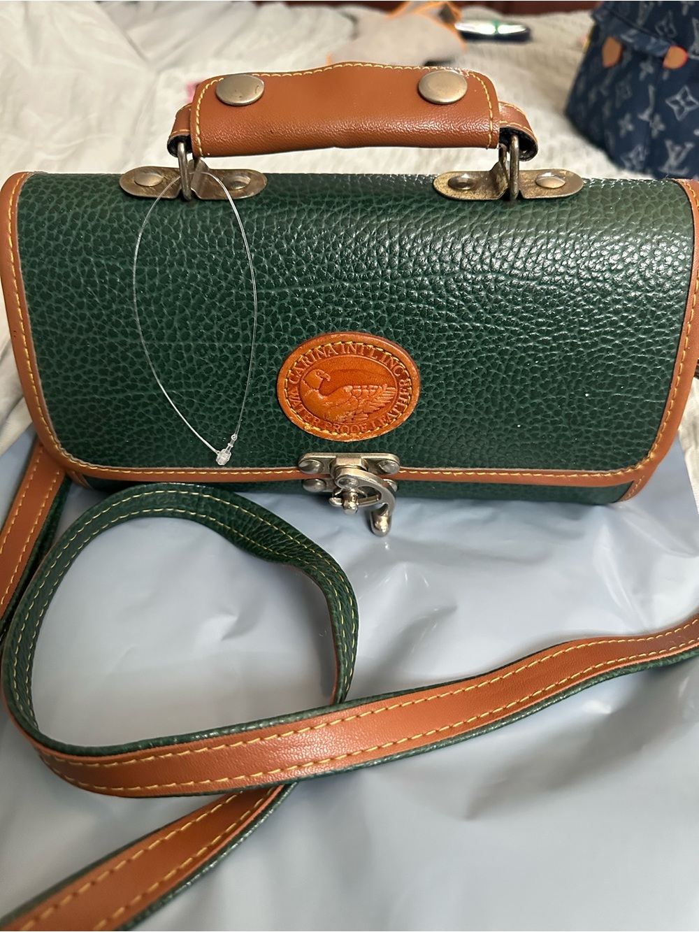 Green Pebbled Leather Crossbody with Tan Trim and Top Handle